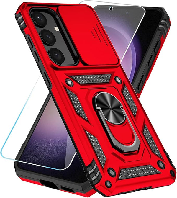 SunStory Samsung S24/S25 Case – Red with Screen Protector & Kickstand
